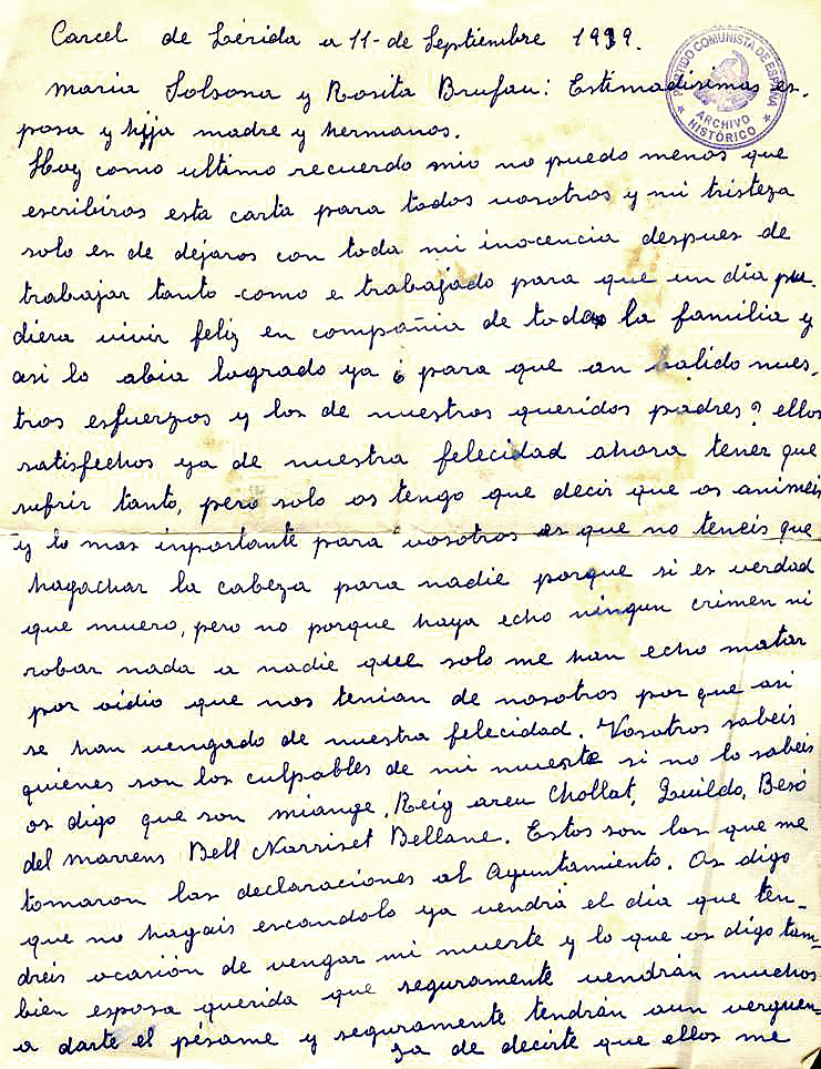 Carta de Ramón Brufau, preso en la cárcel de Lérida, dedicada a su mujer María    Solsona  poco antes de ser ejecutado. Lérida, 11 de septiembre de 1939.